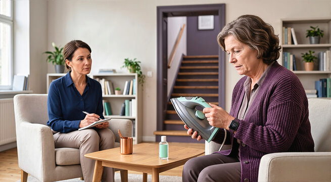 Mature woman holding unplugged iron during therapy session with female counselor in cozy living room. Obsessive compulsive disorder, anxiety, mental health counseling and psychological support