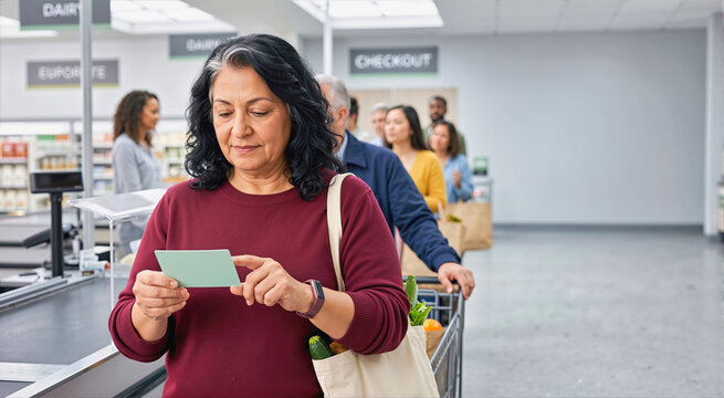 Mature woman reading green card while standing in supermarket queue with shopping cart. Everyday life scene with grocery shopping, customer waiting in line and retail store checkout environment