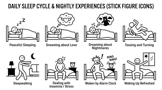 Stick figure sleep cycle icons, daily sleep disorder pictogram set, insomnia and nightmare health illustrations