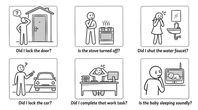 Obsessive compulsive disorder anxiety illustration set, ocd symptoms infographic vector icons, mental health paranoia and overthinking line art collection