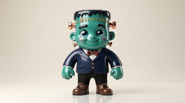 Cute green zombie toy lies on clean white art design scene set