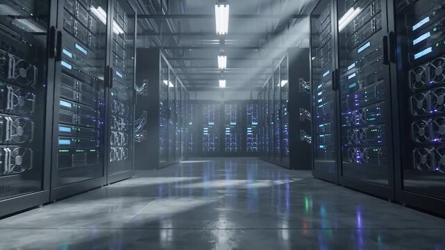 Modern data center server room with glowing fiber optic cables and high-tech infrastructure for cloud computing and big data storage