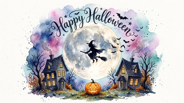 Watercolor illustration of a witch flying on a broomstick past a full moon over two houses with a carved pumpkin in front with celebration