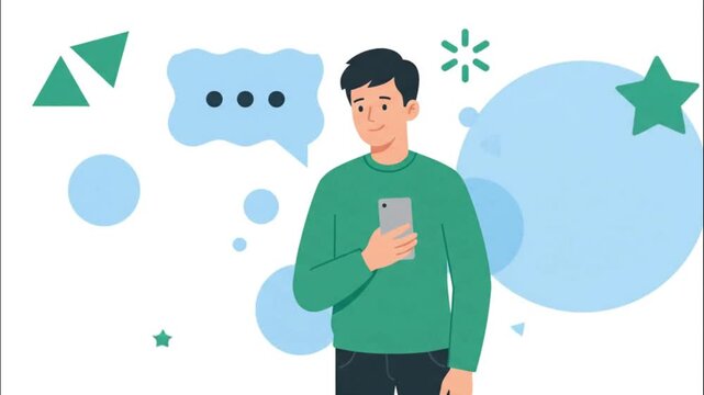 Animated vector graphics of a young man using a smartphone and looking at message bubbles