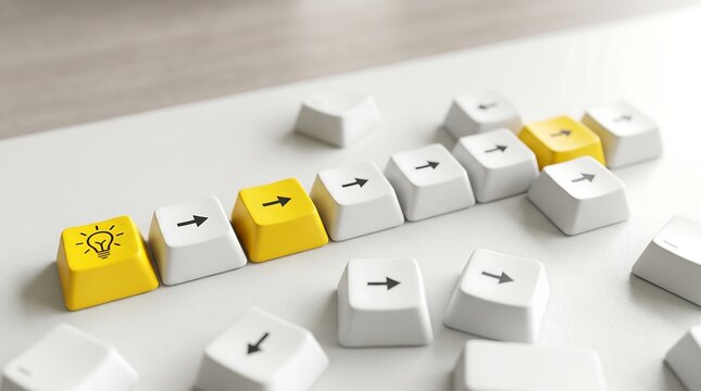 Yellow keyboard keys forming direction arrow, idea bulb icon and forward strategy concept, white office desk creative decision background