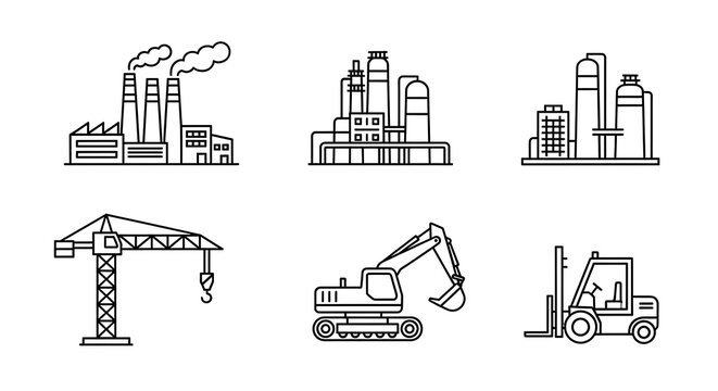 Industrial equipment and factory buildings line illustration set