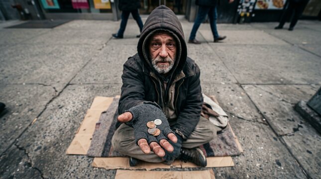 Homeless man begging for money sitting on sidewalk holding coins in hand in urban street