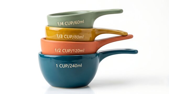 Colorful measuring cups stacked for baking and cooking demonstration