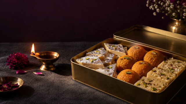 Premium mithai gift tin on dark textured linen, Diwali Indian sweet assortment, kaju katli, laddoo and barfi, glowing brass diya, luxury food gifting, festive hospitality and dessert presentation