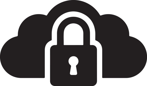 Cloud security silhouette icon, black padlock symbol inside cloud shape for data protection and privacy