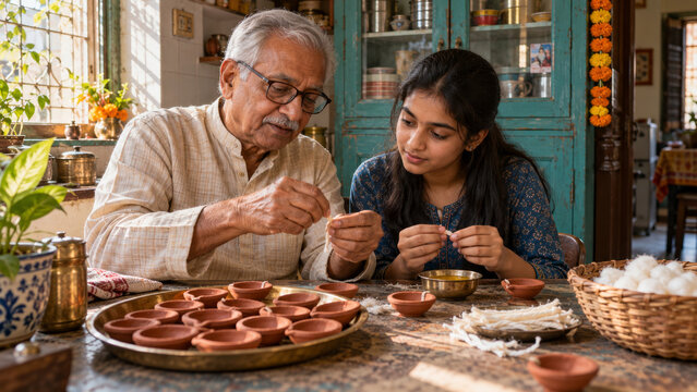 Cotton wick making and traditional diya preparation with grandfather and granddaughter, Deepavali crafts, family heritage, festive learning, intergenerational bonding and Indian cultural traditions