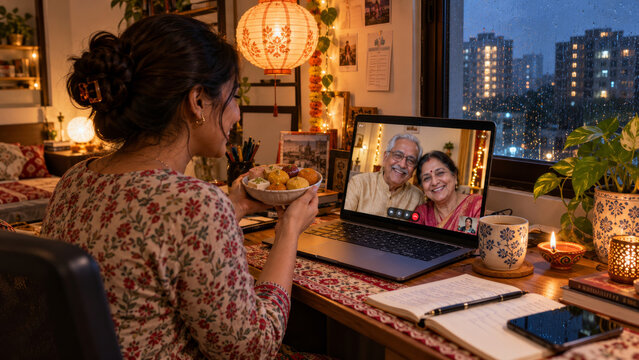 Long distance family connection through a Diwali video call, Indian sweets, virtual celebration, parents and adult daughter, digital communication, festive traditions and togetherness across distances