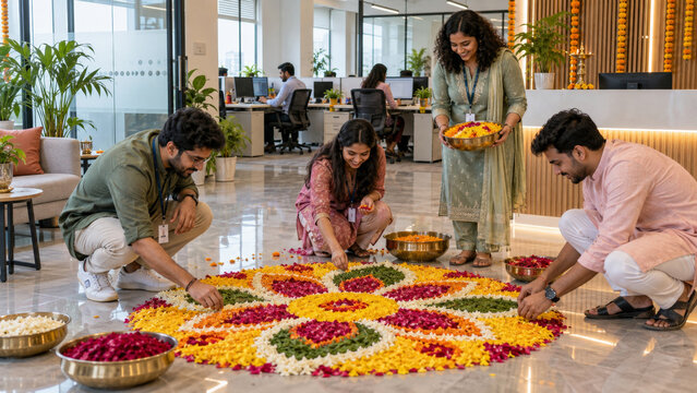 Workplace rangoli and creative employee teamwork, Diwali office celebration, flower petal decoration, cultural inclusion, staff engagement, corporate community and festive Indian business traditions