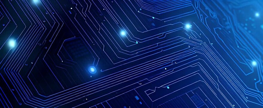 Intricate blue circuits glow with digital energy, a complex network