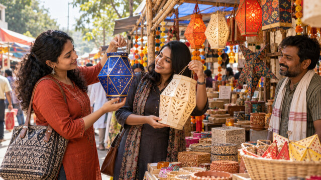 Reusable lantern shopping and mindful festive choices, Diwali home decoration, women browsing a craft market, sustainable consumption, artisan goods, local makers and eco friendly celebration ideas