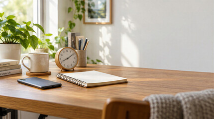Fototapeta premium Cozy home workspace with a coffee break and analog clock