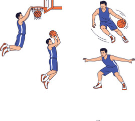 Basketball Player Action Character Vector Set Featuring Slam Dunk Jump Shot Dribbling and Defensive Stance Poses In Blue Uniform © najmul