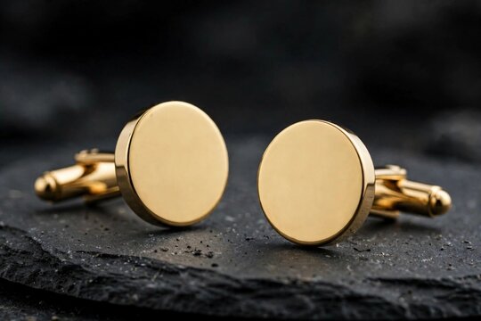 Pair of gold cufflinks on dark slate stone luxury business accessory macro photography