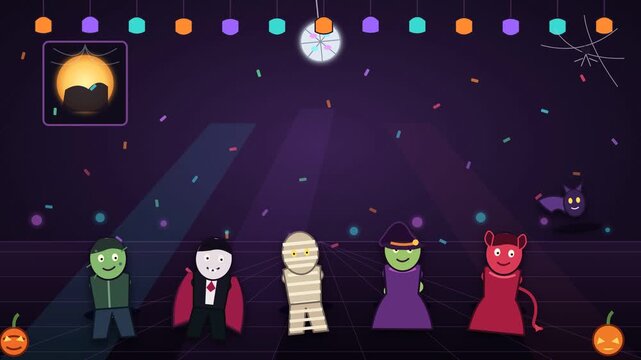 Halloween Costume Party with Young Monsters Dancing Under Disco Lights, Zombie, Dracula, Mummy, Witch and Bat in 4K