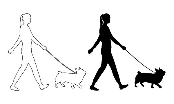 Silhouette of a woman walking with her pet dog, isolated black vector illustration.