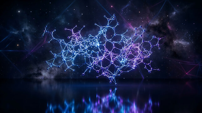 Abstract molecular network floating above a reflective surface against a cosmic nebula backdrop