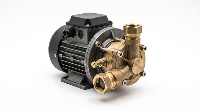 Heavy duty commercial espresso machine rotary vane water pump securely attached to a powerful black electric induction motor assembly professionally isolated on a bright white background space.