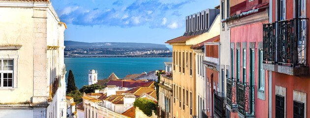 Fototapeta premium Typical Portuguese architecture and colorful buildings of Lisbon historic city center