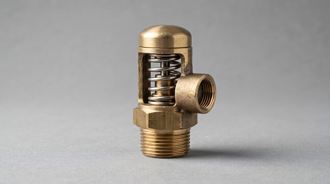 Detailed educational cutaway photograph exposing the internal spring tension mechanics of a solid brass safety pressure relief valve used in commercial coffee equipment against a solid grey backdrop.
