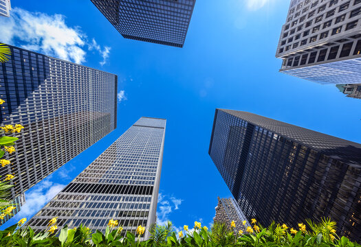 Scenic Toronto financial district skyline in the city downtown near Yonge and King intersection, Bay Corridor and Stock Exchange and banking plaza