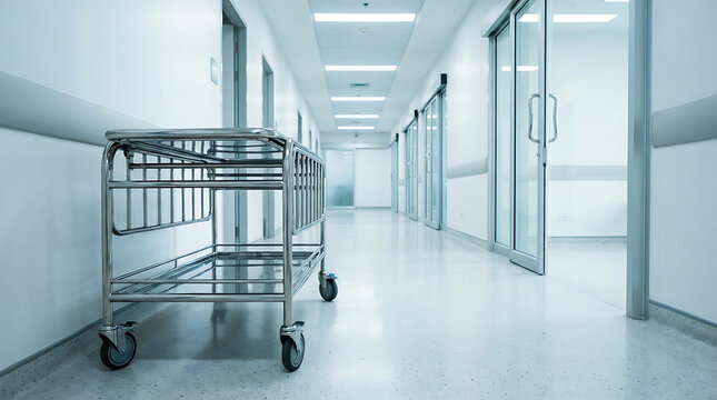 Medical cart in a sterile empty hospital hallway