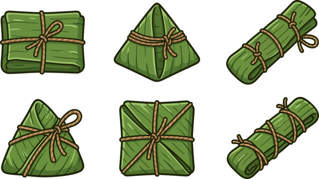 Illustrated green wrapped packages tied with natural string in various shapes