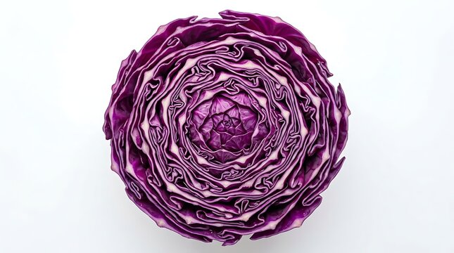 Fresh sliced purple cabbage arranged in spiral pattern on clean