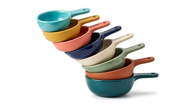 Colorful ceramic measuring cups stacked for kitchen organization and