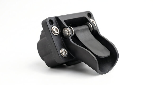  Macro studio shot of a black plastic waste water drain box scupper with flapper valve component designed for commercial espresso coffee machines isolated over a bright pure white background space.