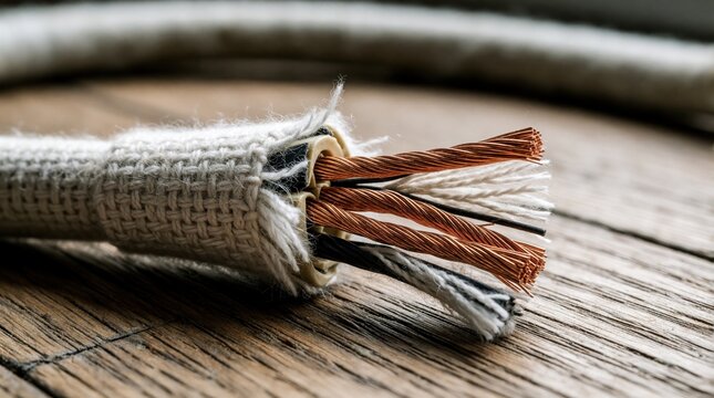 Close up of damaged electric cable with frayed fabric insulation on wooden floor. Exposed copper wires, broken wires show danger of short circuit. Old power cord needs replacement to prevent fire