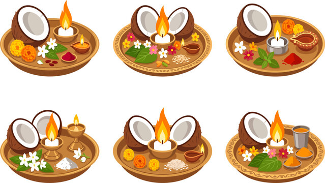 Traditional Ritual Offerings Displayed On Coconut Shell Plates With Candles