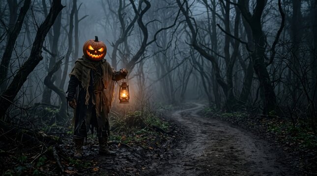 Person wearing a ragged cloak and pumpkin head stands on a winding