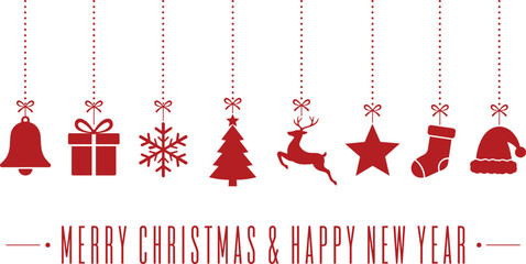 Red christmas ornaments and festive greetings on a white background © Adobe