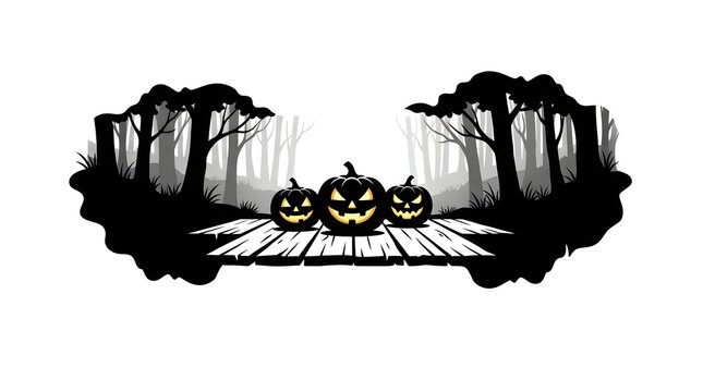 Jack o lanterns and trees form a dark halloween scene silhouette