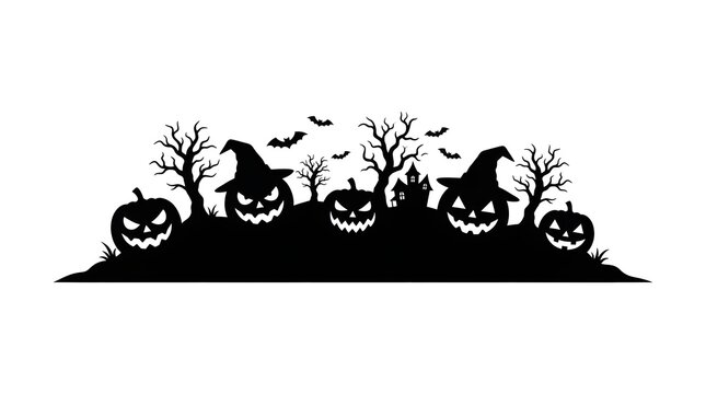 Halloween landscape with jack o lanterns and haunted house is a black silhouette