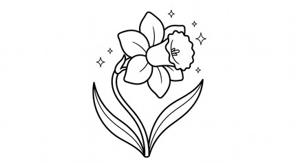 Fototapeta premium Daffodil flower black and white line art drawing with glowing stars