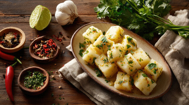 Cuban yuca con mojo criollo, a traditional savory appetizer or side dish featuring boiled cassava root, seasoned with fresh parsley, garlic, and zesty lime