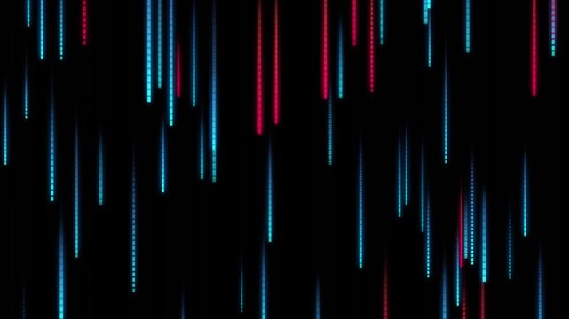 Abstract digital rain with red and blue glowing pixel lines