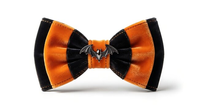 Halloween velvet bow tie with orange and black stripes and bat charm, isolated on white background