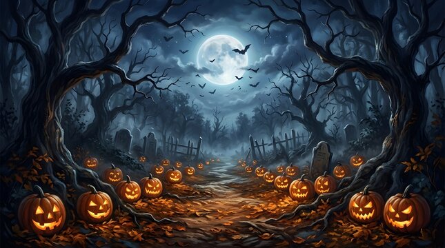 Halloween graveyard scene with illuminated pumpkins and silhouetted trees silhouette