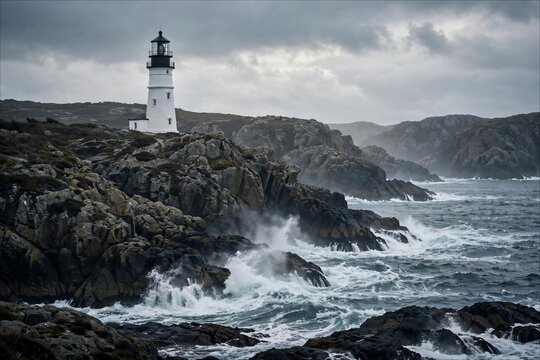 White lighthouse on a rocky coast with crashing waves