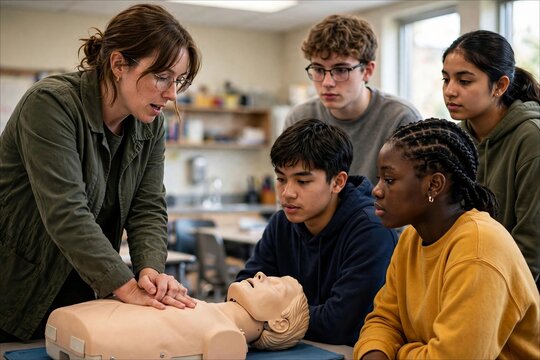 Teacher demonstrating CPR on training dummy
