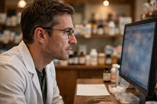 Pharmacist verifying prescription at computer