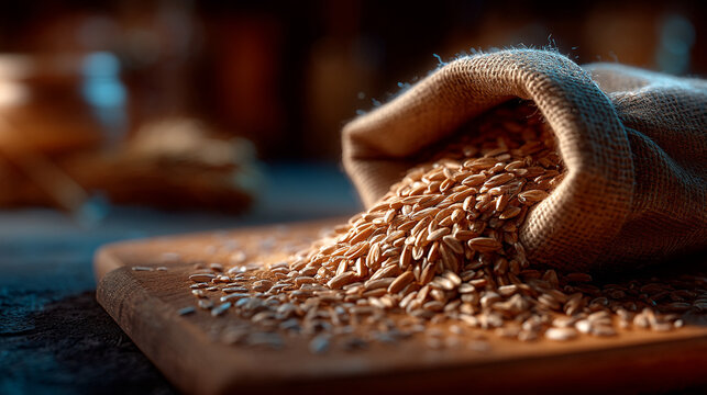 Burlap bag pouring organic grains onto a wooden surface in a kitchen setting with hemp sack