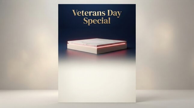 Minimalist marble podium with neon lighting features for elegant product presentation for veterans day special marketing.